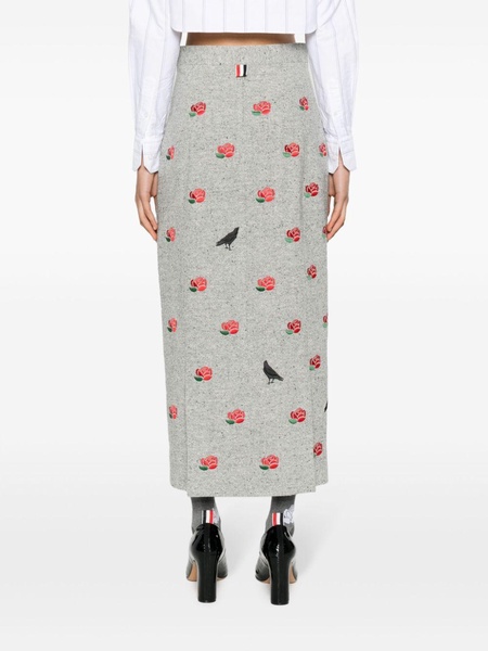 rose-embroidered wool pencil skirt