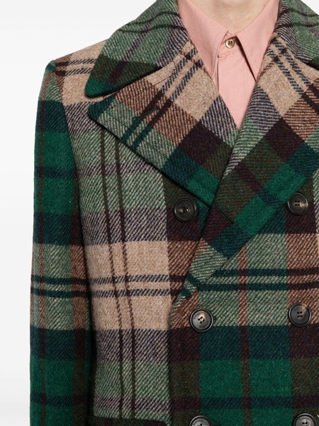 tartan-check virgin wool double-breasted coat