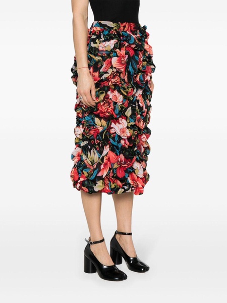 floral-print ruched midi skirt