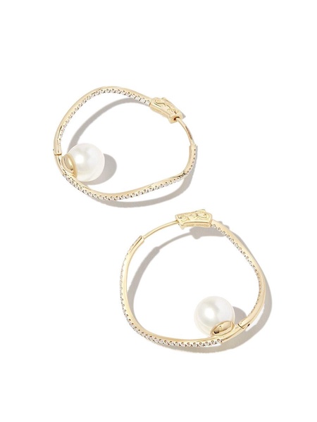 14kt yellow gold wave diamond and pearl hoop earrings