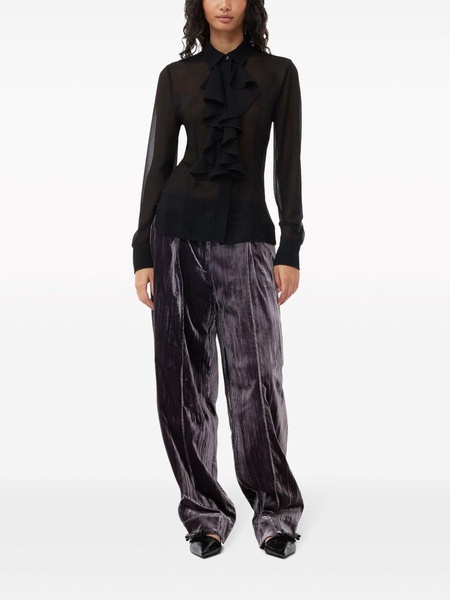 striped velvet-finish straight-leg trousers