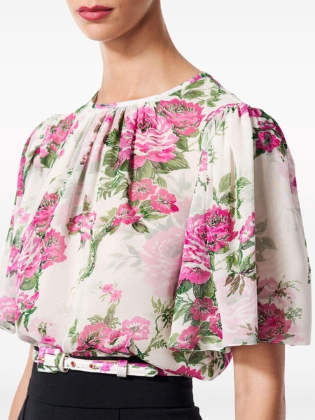 gathered-detail floral-print silk blouse