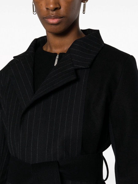 belted pinstripe-pattern wool coat