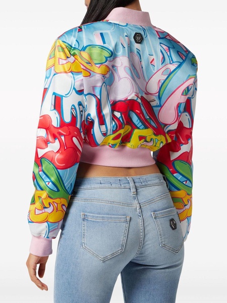 graffiti-logo cropped satin bomber jacket