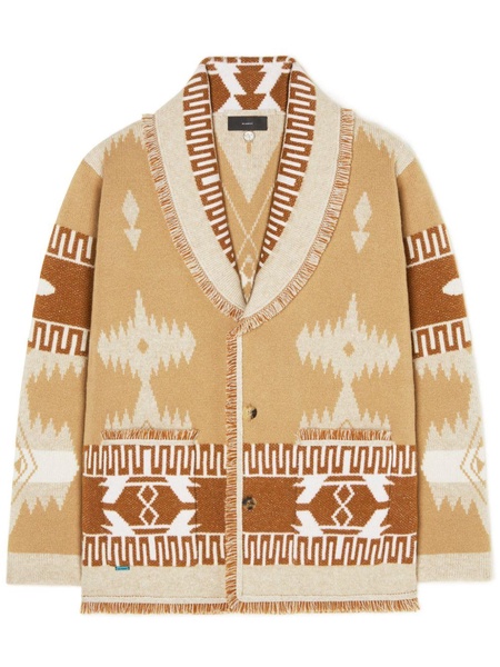 patterned-jacquard frayed-trim cardigan coat