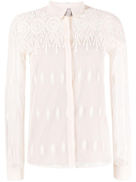 sheer-lace button-up shirt