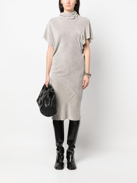 asymmetric draped velvet midi dress