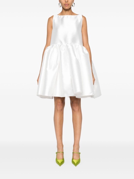 White Puffball-Hem Satin Midi Dress