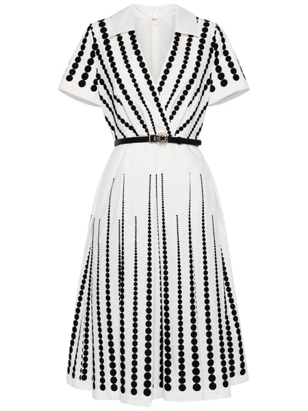 embroidered belted pleated midi dress