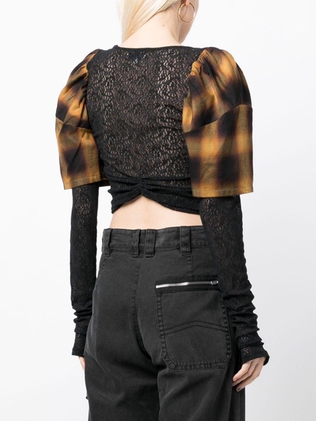 lace-embellished check-print top