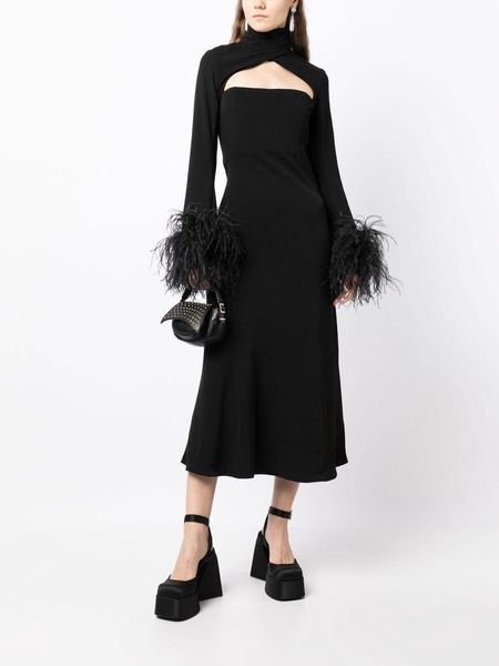 black Odessa feather-trim midi dress