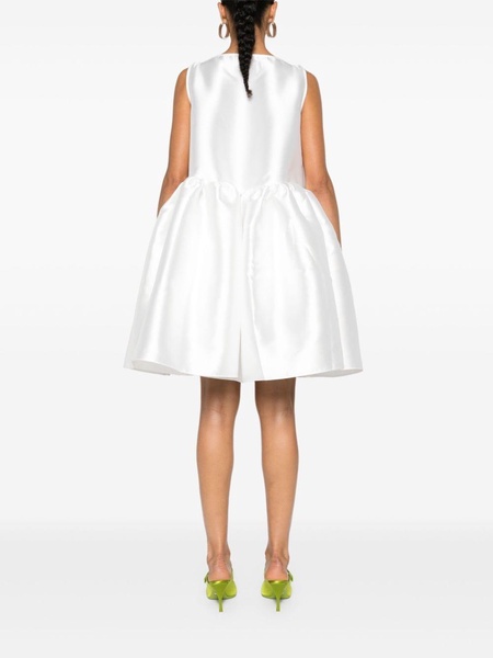 White Puffball-Hem Satin Midi Dress