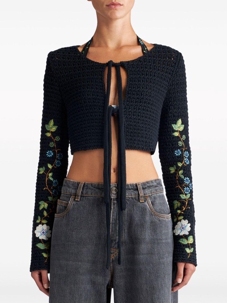 floral-embroidered crochet-knit cardigan