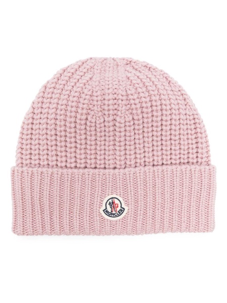 Pink Logo-Patch Virgin-Wool Beanie Hat