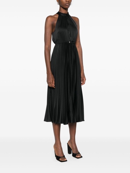 pleated satin midi dress