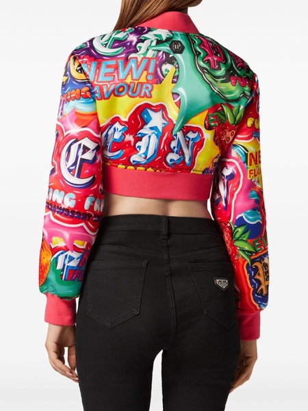 slogan-print cropped bomber jacket