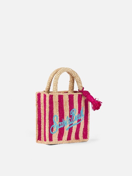 Fuchsia Striped Mini Vanity Raffia Bag With Embroidery