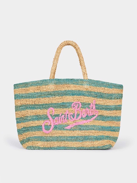 Turquoise Striped Raffia Beach Bag With Cotton Pouch