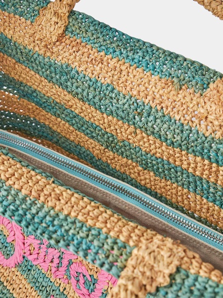 Turquoise Striped Raffia Beach Bag With Cotton Pouch