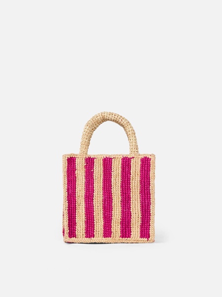 Fuchsia Striped Mini Vanity Raffia Bag With Embroidery