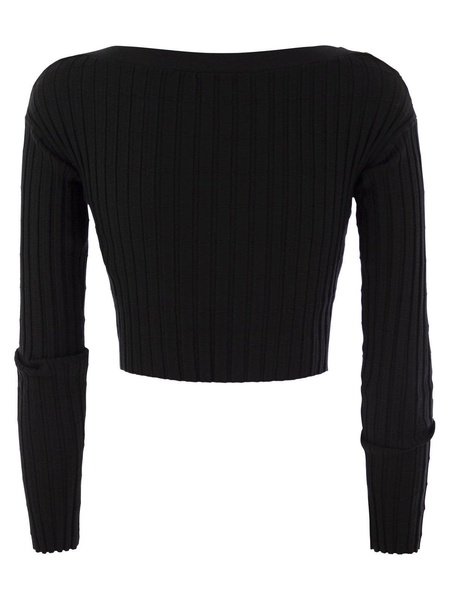 Elisabetta Franchi Ribbed Viscose Cropped Sweater With Button Placket