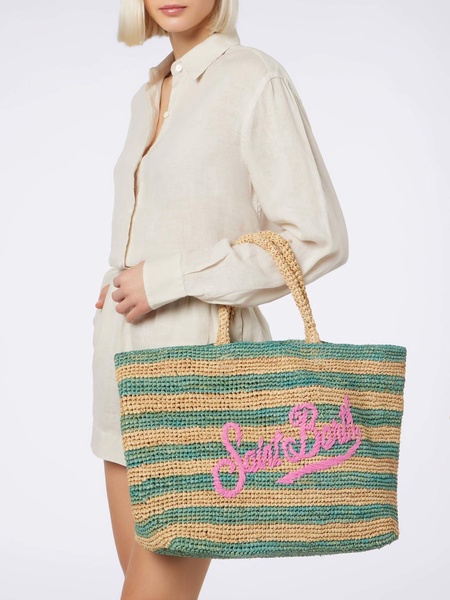 Turquoise Striped Raffia Beach Bag With Cotton Pouch