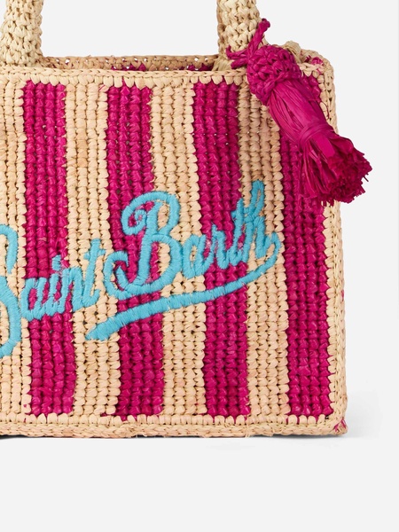 Fuchsia Striped Mini Vanity Raffia Bag With Embroidery