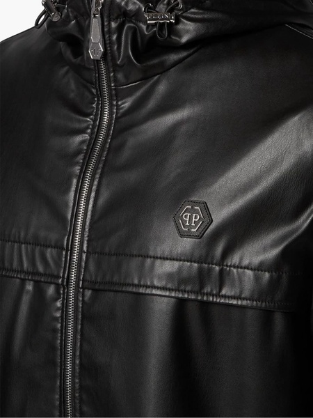 logo-appliqué hooded leather jacket