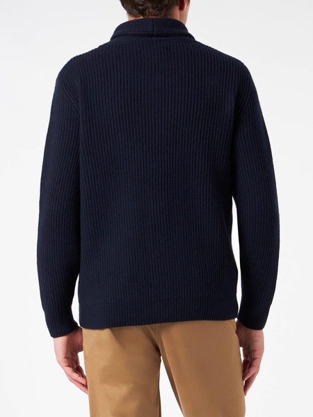 Man Shawl Collar Blue Ribbed Cardigan With Pockets And Patch