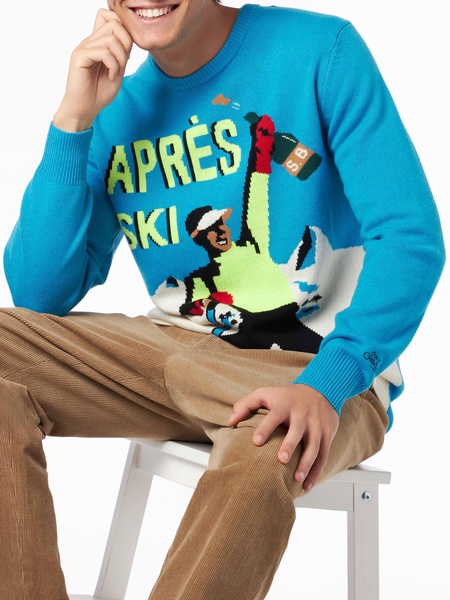 Man Crewneck Sweater With Après Ski Postacard Jacquard Print