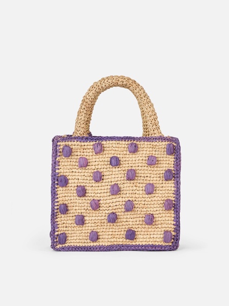 Beige Natural Mini Vanity Raffia Bag With Polka Dot Appliqués