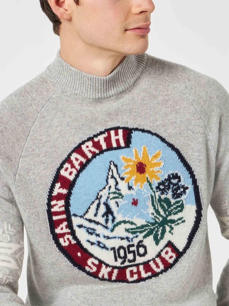 Man Half-turtleneck Grey Sweater With Print