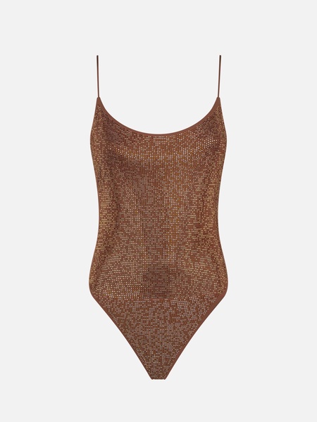 Woman One Piece Swimsuit With Brown Shades Rhinestones