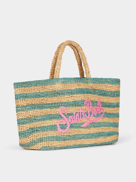 Turquoise Striped Raffia Beach Bag With Cotton Pouch