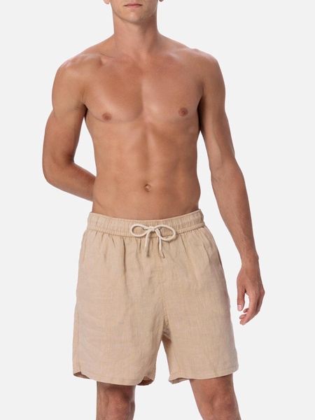 Man Beige Linen Swim Shorts