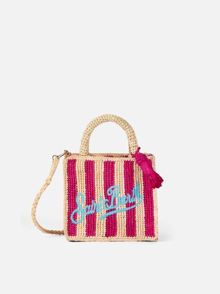 Fuchsia Striped Mini Vanity Raffia Bag With Embroidery