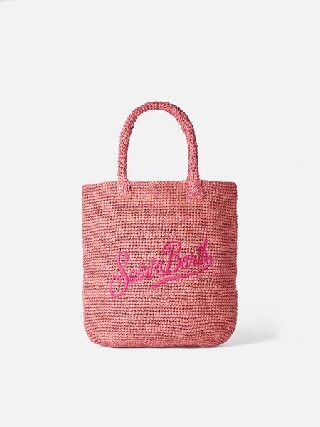 Raffia Bucket Pink Bag With Embroidery