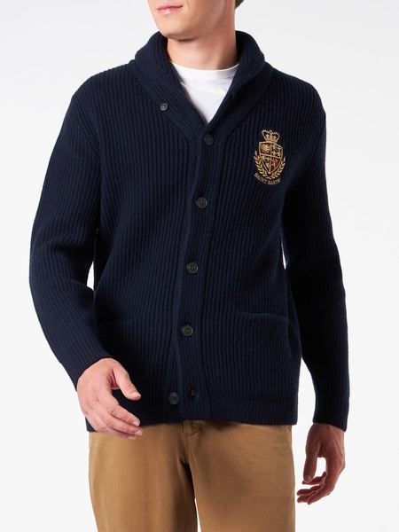 Man Shawl Collar Blue Ribbed Cardigan With Pockets And Patch