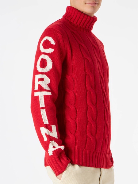 Man Turtleneck Braided Sweater With Cortina Ampezzo Print