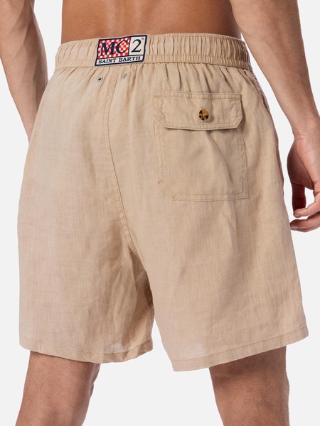 Man Beige Linen Swim Shorts