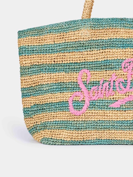 Turquoise Striped Raffia Beach Bag With Cotton Pouch