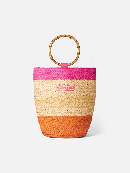 Raffia Multicolor Bucket Bag With Bamboo Handles