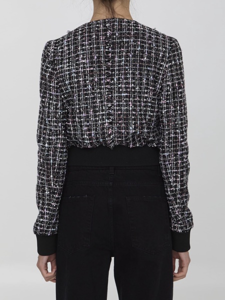 BALMAIN Chic Cropped Tweed Bomber Jacket with Metallic Accents