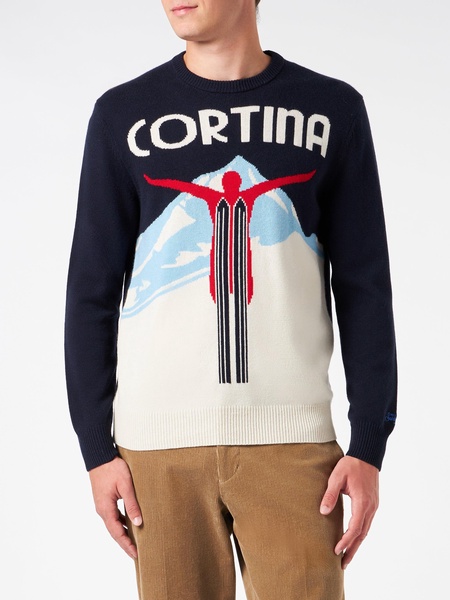 Man Crewneck Sweater With Cortina Postcard Jacquard Print