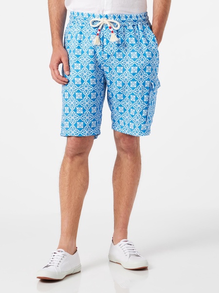 Man Linen Bermuda Shorts With White And Light Blue Majolica Print