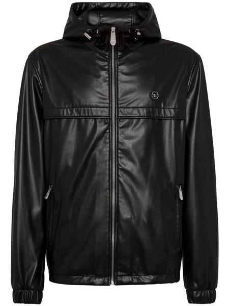 logo-appliqué hooded leather jacket