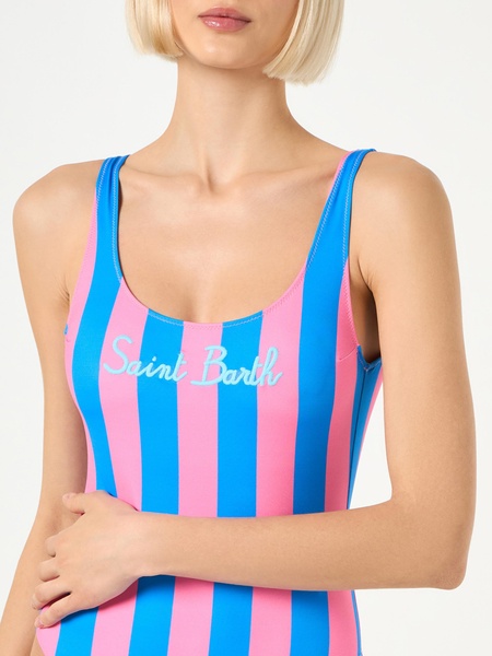 Woman Dust Blue And Pink Striped Print One Piece Swimsuit