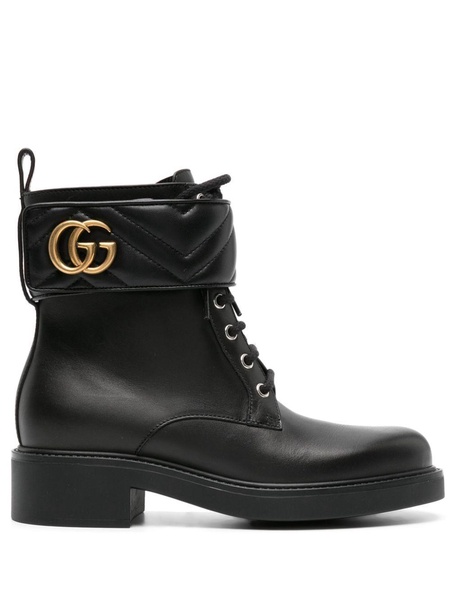 Black Ankle Boot with Double 'G' and Textured Hardware in Leather Woman