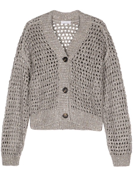 BRUNELLO CUCINELLI Sequined Silk Knit Cardigan in Grey and Gold