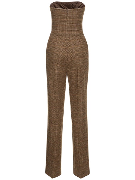 Checked wool twill strapless jumpsuit